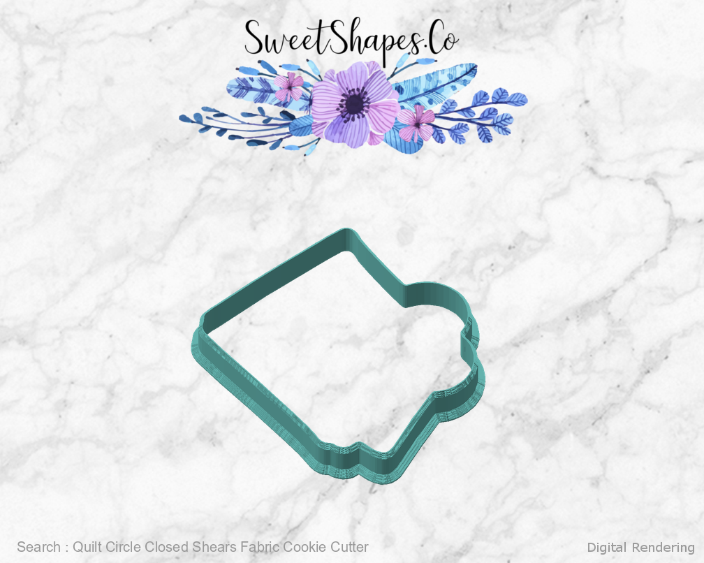 Quilt Circle Closed Shears Fabric Cookie Cutter — digital rendering view 2