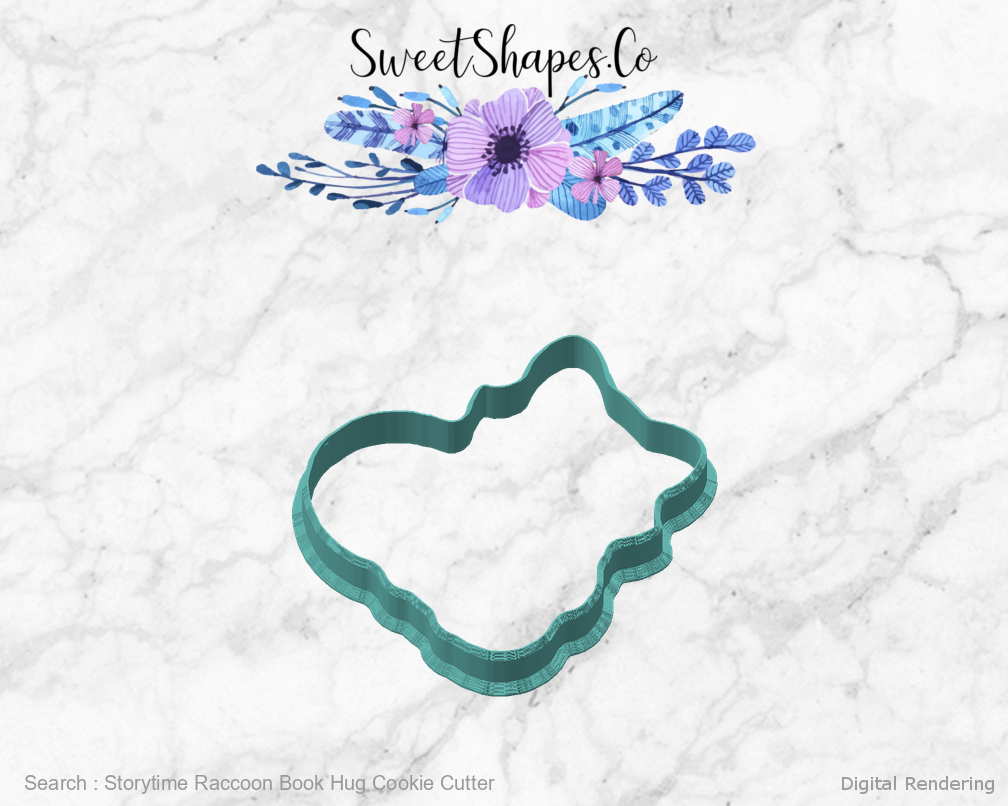 Storytime Raccoon Book Hug Cookie Cutter — 45 degree manufacturing preview