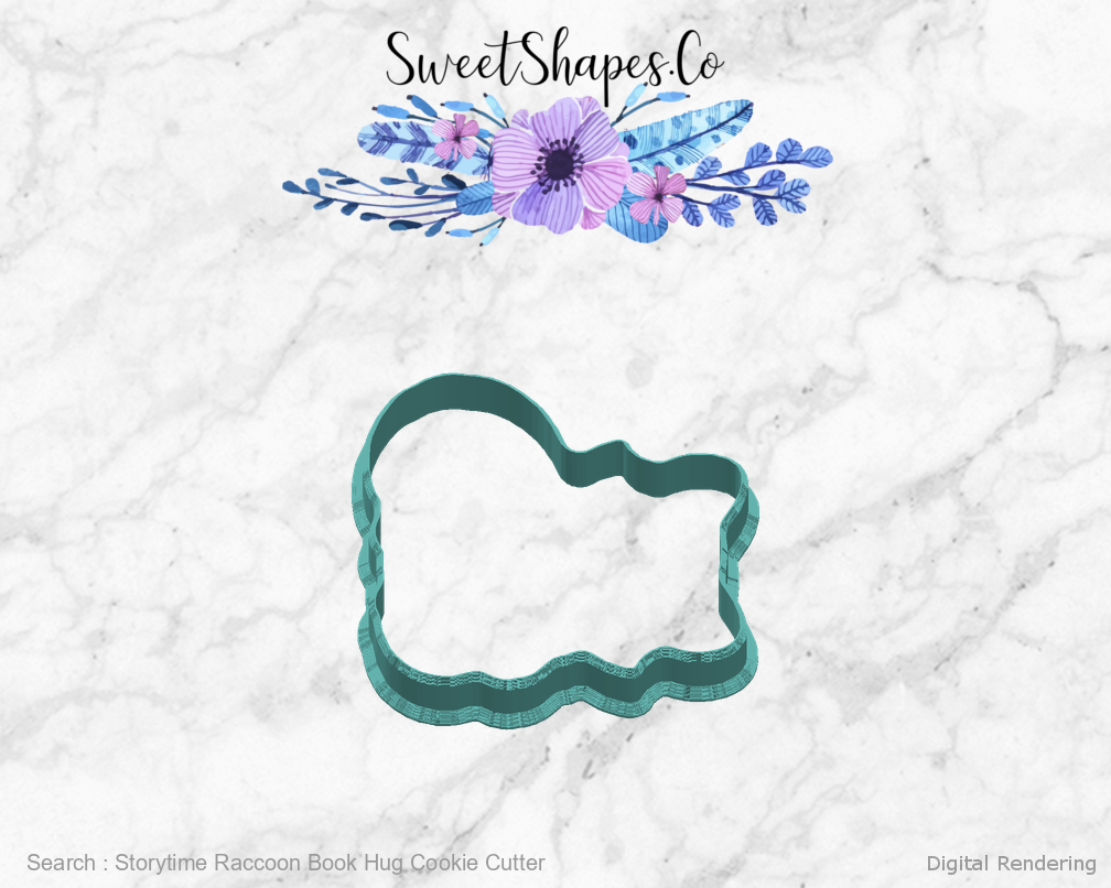 Storytime Raccoon Book Hug Cookie Cutter — 90 degree manufacturing preview