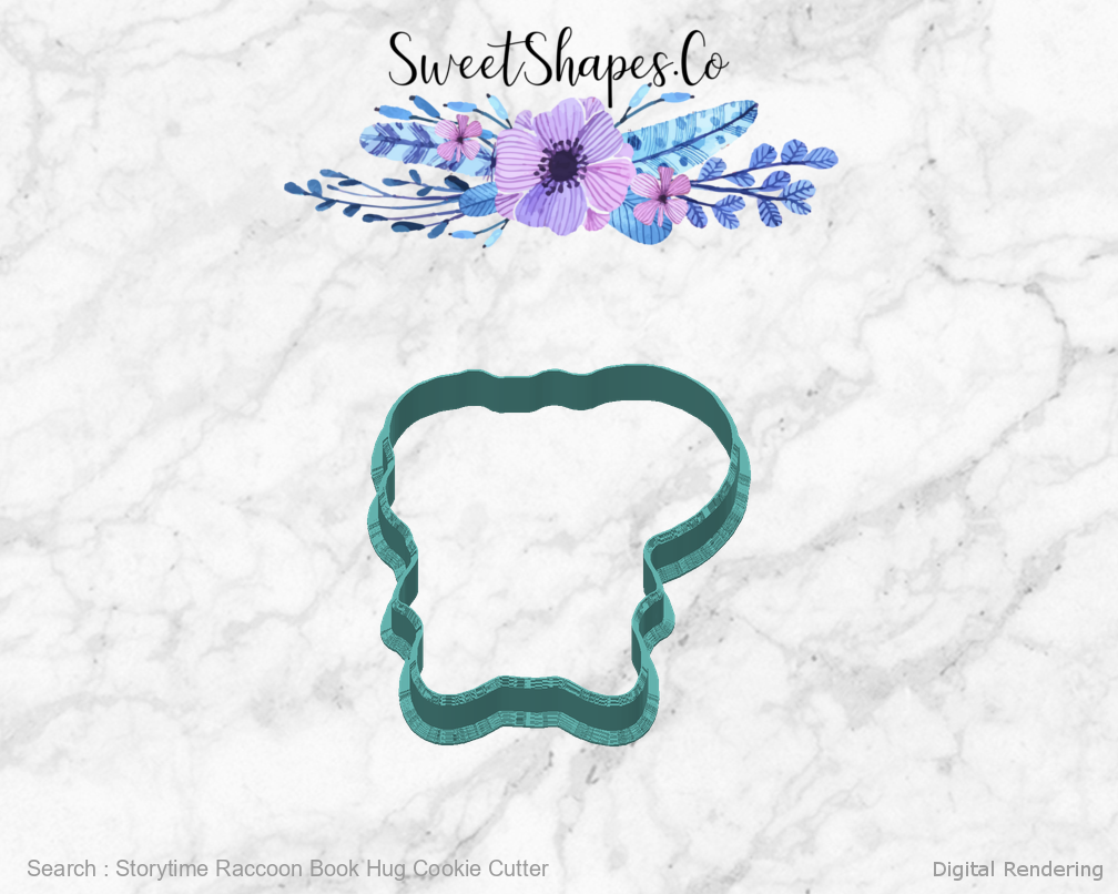 Storytime Raccoon Book Hug Cookie Cutter — 180 degree manufacturing preview