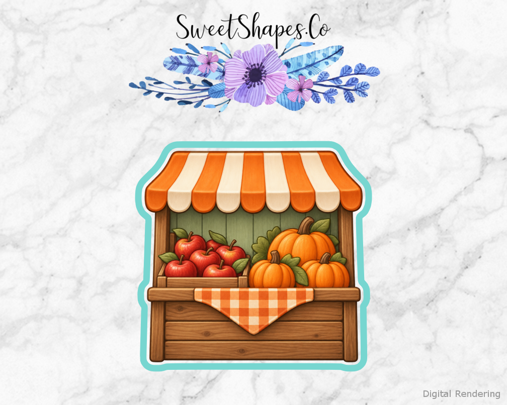 Autumn Farm Market Stall cookie cutter artwork with teal cutting outline - part of the Autumn Farmers Market set