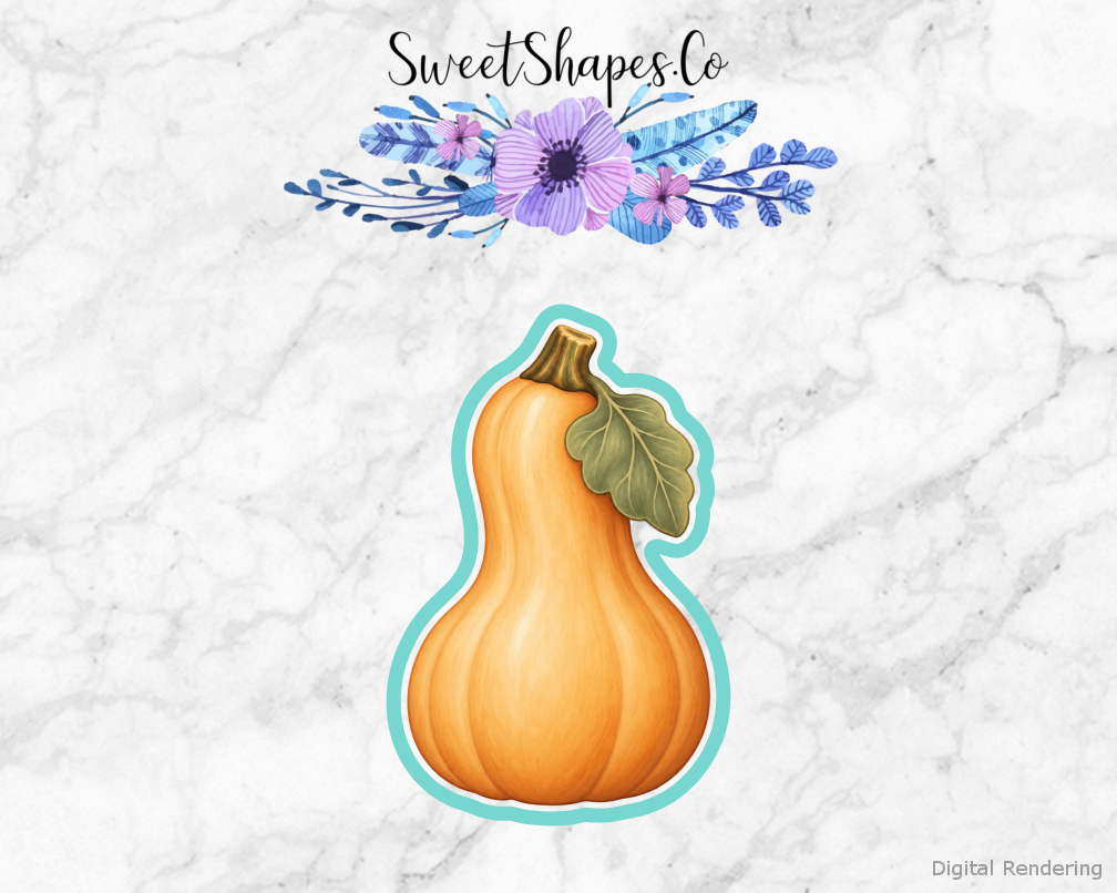 Harvest Butternut Squash cookie cutter artwork with teal cutting outline - part of the Autumn Farmers Market set
