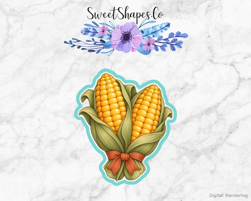 Harvest Corn Bundle cookie cutter artwork with teal cutting outline - part of the Autumn Farmers Market set