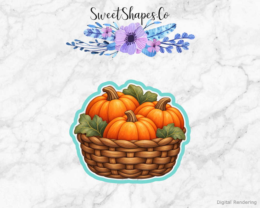 Harvest Pumpkin Basket cookie cutter artwork with teal cutting outline - part of the Autumn Farmers Market set