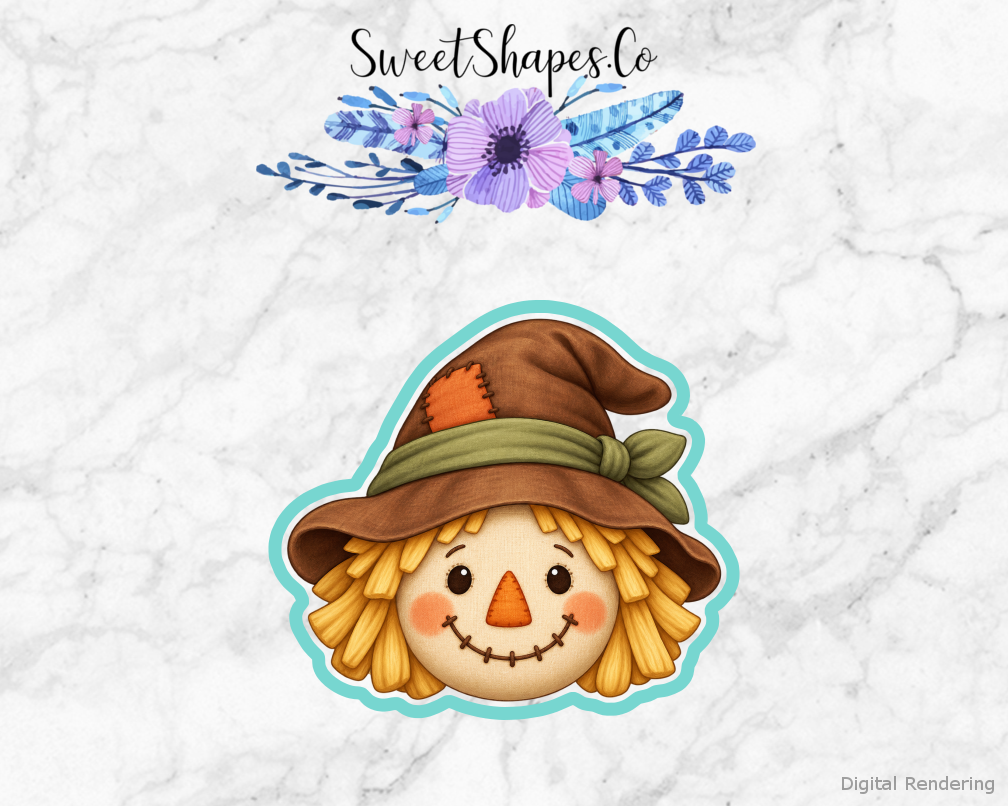 Harvest Scarecrow Face cookie cutter artwork with teal cutting outline - part of the Autumn Farmers Market set