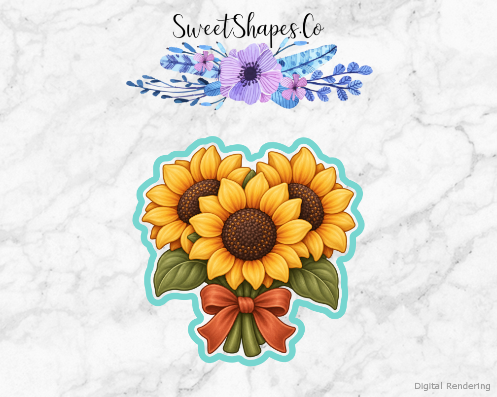 Harvest Sunflower Bunch cookie cutter artwork with teal cutting outline - part of the Autumn Farmers Market set