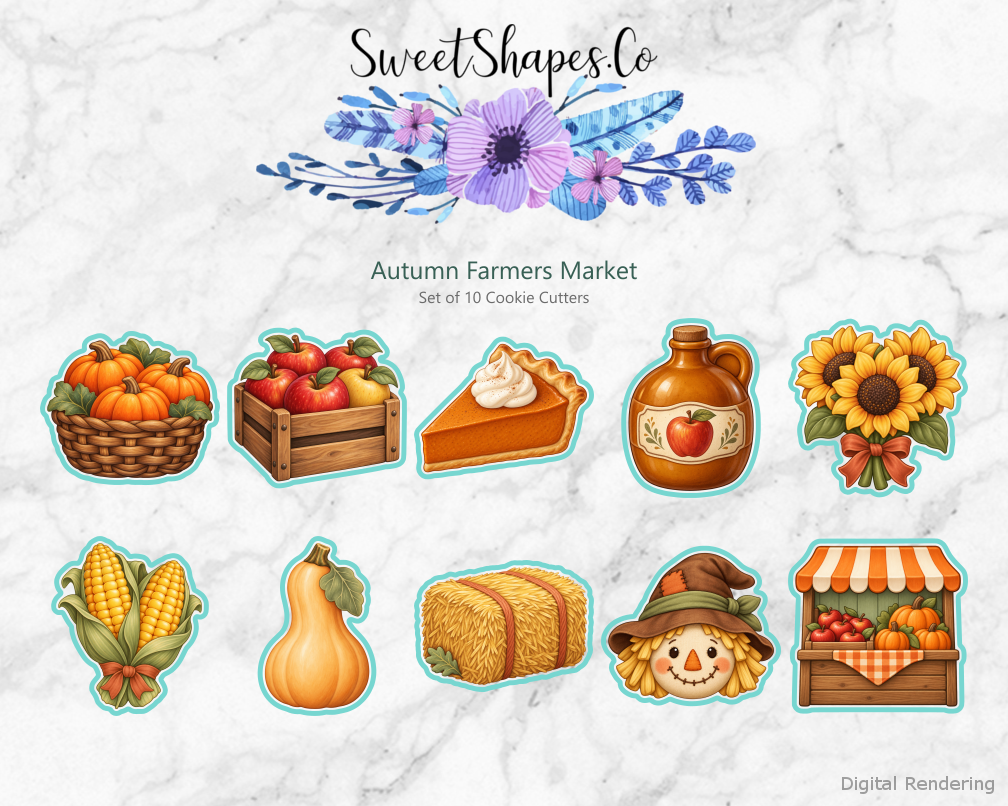 Autumn Farmers Market set of ten cookie cutters with harvest artwork and teal cutting outlines