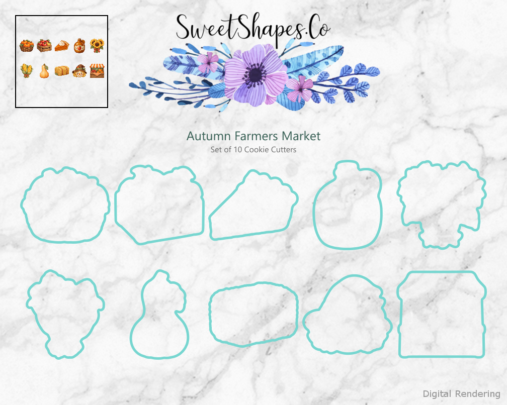 Cutting outlines for the ten-piece Autumn Farmers Market cookie cutter set