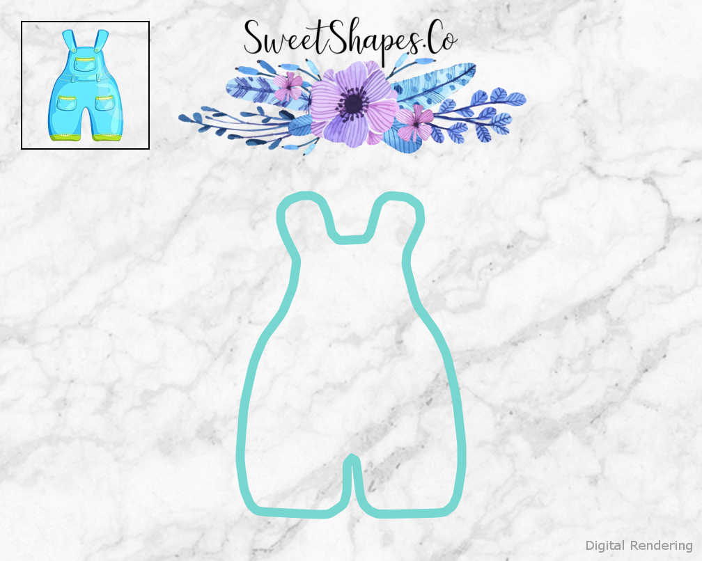 Baby Overalls Cookie Cutter — teal outline with a small artwork preview