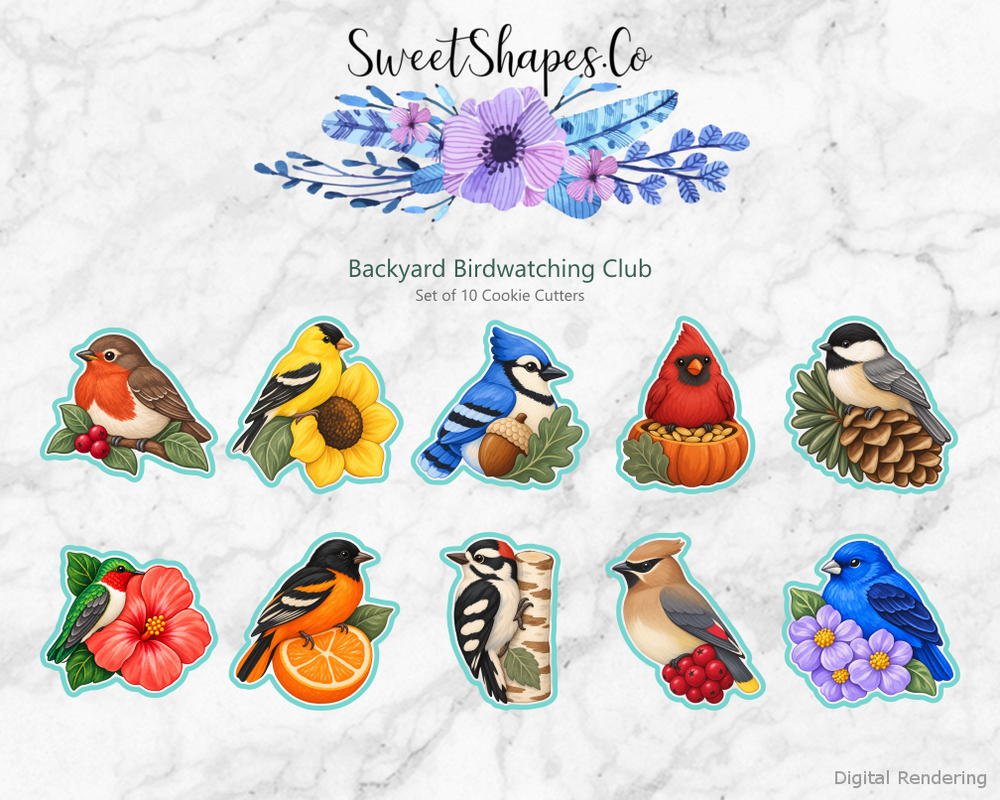 Backyard Birdwatching Club Cookie Cutters - Set of 10 - full colour overview with cutting outlines