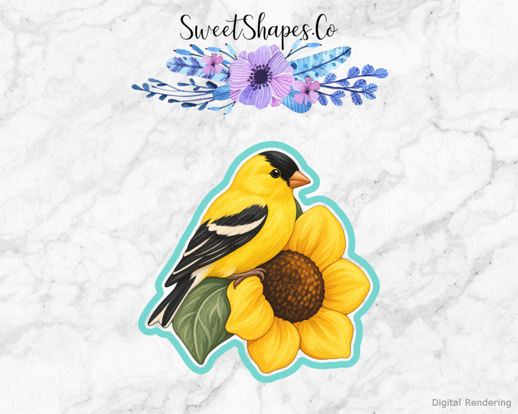 Backyard Goldfinch Sunflower cookie cutter artwork with teal cutting outline - part of the Backyard Birdwatching Club set