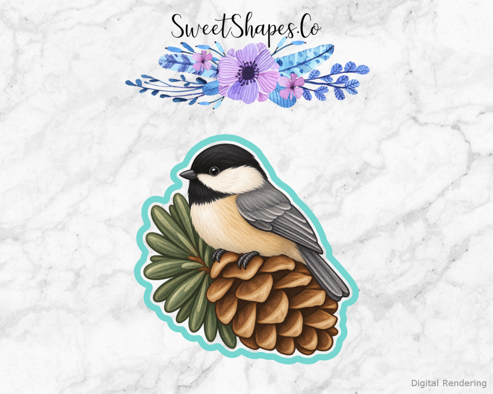 Backyard Chickadee Pinecone cookie cutter artwork with teal cutting outline - part of the Backyard Birdwatching Club set