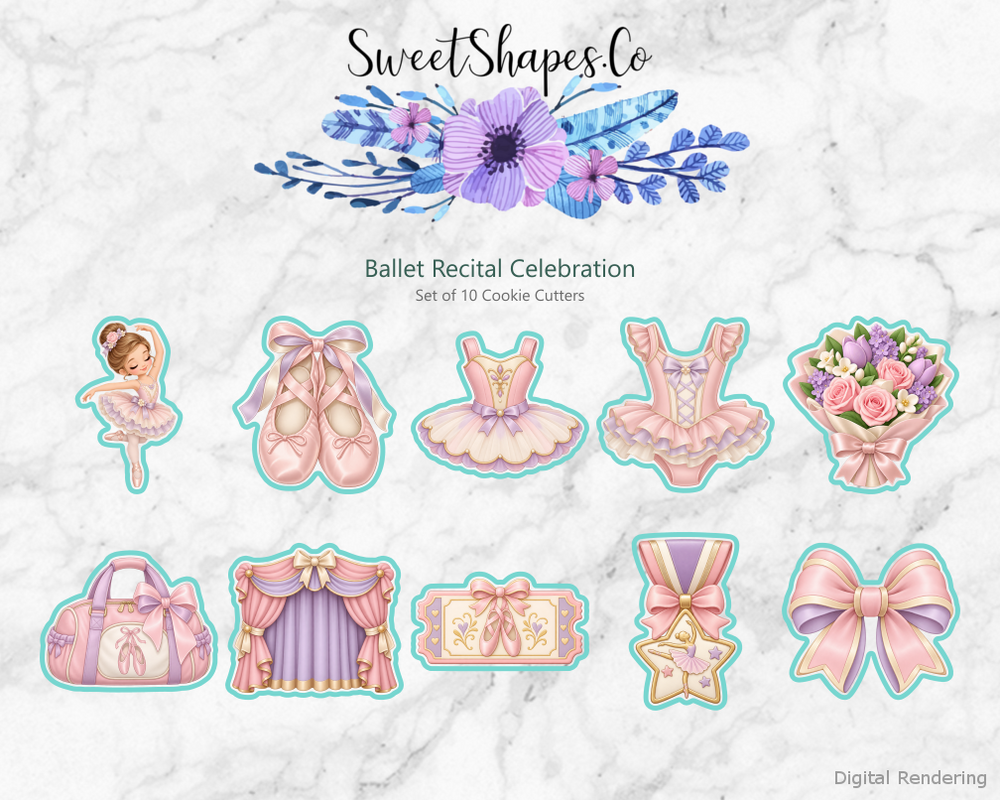 Ballet Recital Celebration Cookie Cutters - Set of 10 - full colour overview with cutting outlines