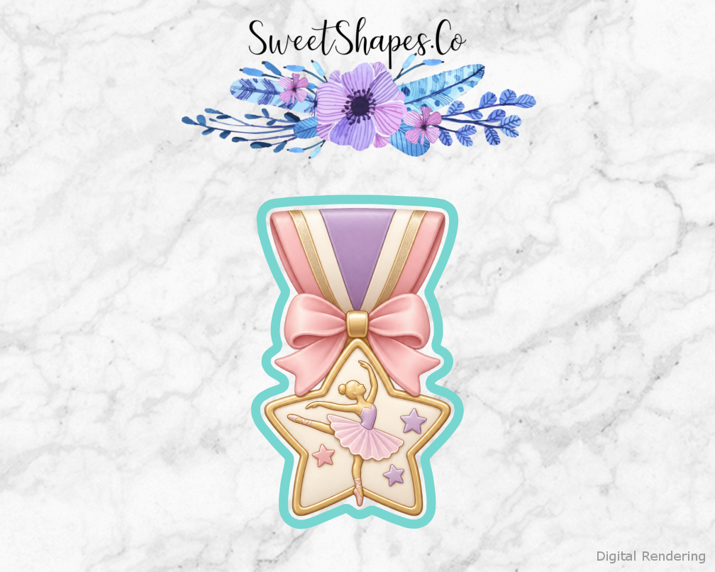 Ballet Recital Star Dance Medal cookie cutter artwork with teal cutting outline - part of the Ballet Recital Celebration set