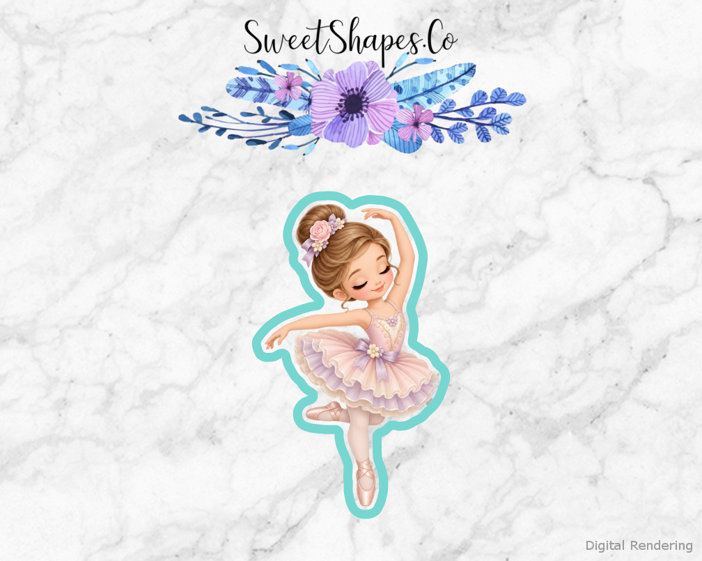 Ballet Recital Ballerina in Curved Pose cookie cutter artwork with teal cutting outline - part of the Ballet Recital Celebration set