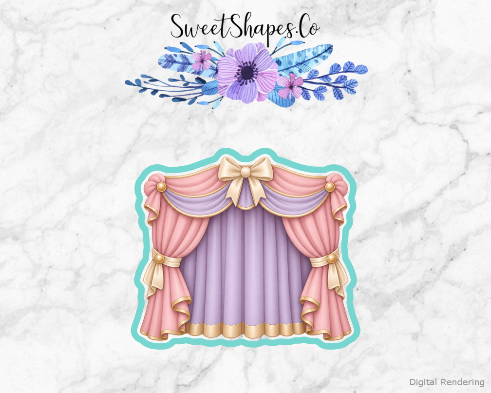 Ballet Recital Compact Stage Curtain cookie cutter artwork with teal cutting outline - part of the Ballet Recital Celebration set