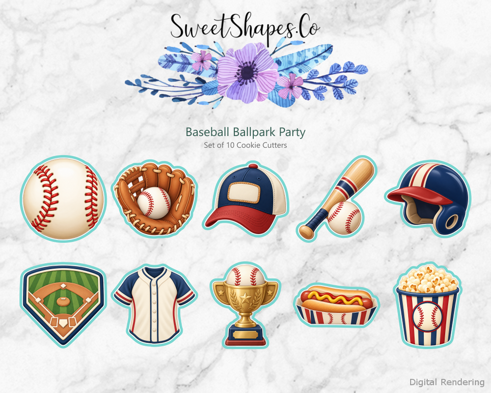 Baseball Ballpark Party Cookie Cutters - Set of 10 - full colour overview with cutting outlines