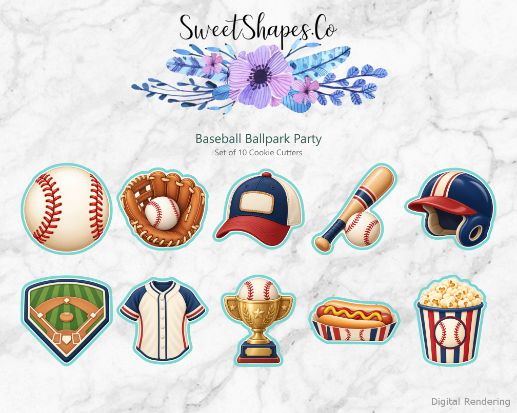 Baseball Ballpark Party Cookie Cutters - Set of 10 - full colour overview with cutting outlines