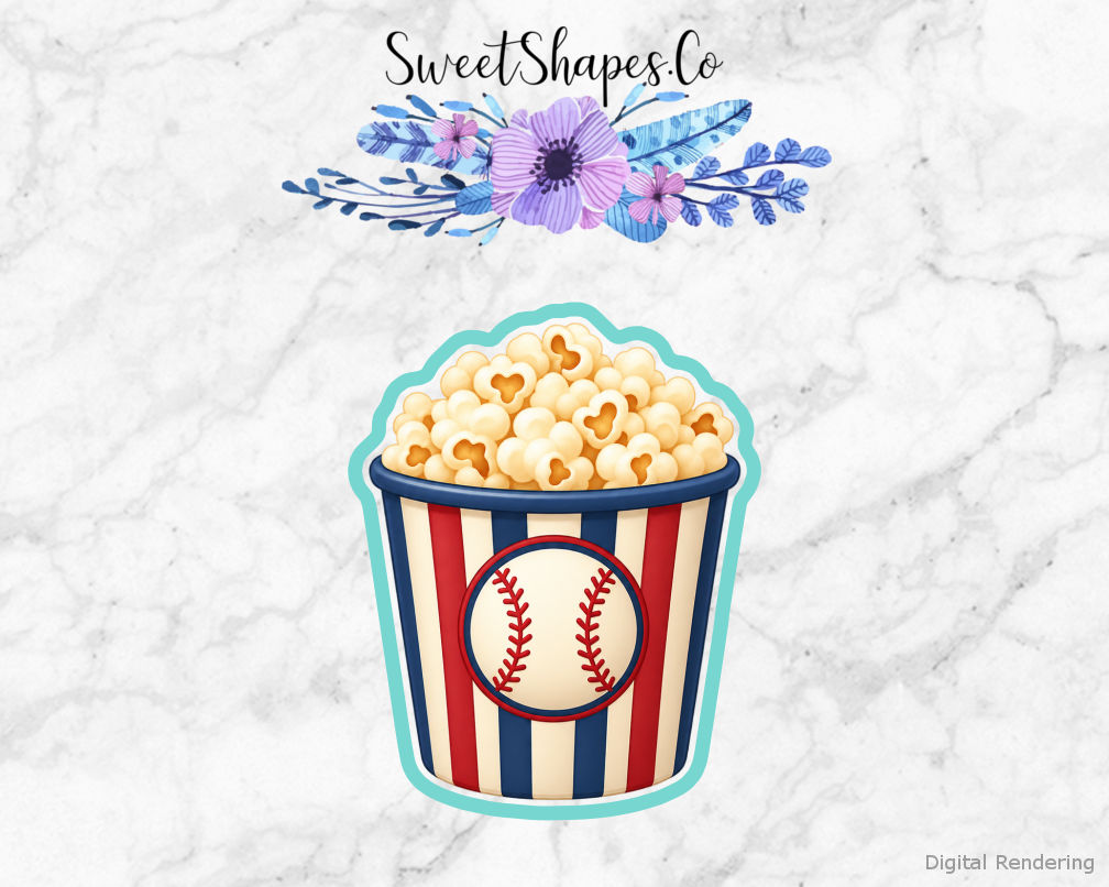 Ballpark Party Ballpark Popcorn Tub cookie cutter artwork with teal cutting outline - part of the Baseball Ballpark Party set