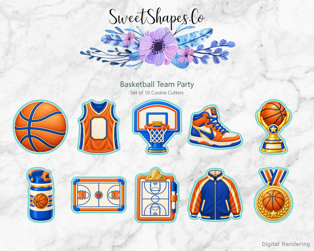 Basketball Team Party Cookie Cutters - Set of 10 - full colour overview with cutting outlines