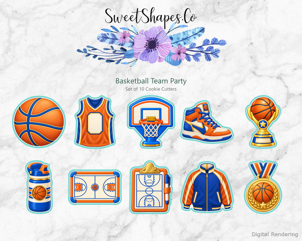 Basketball Team Party Cookie Cutters - Set of 10 - full colour overview with cutting outlines