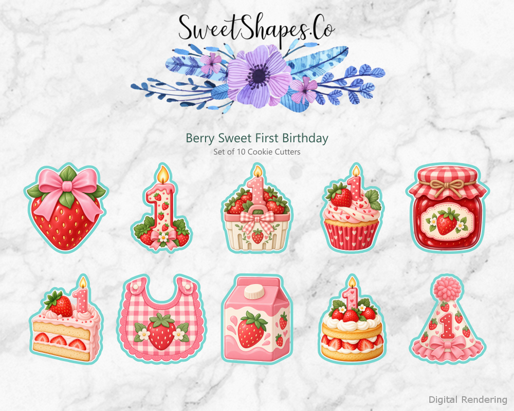 Berry Sweet First Birthday Cookie Cutters - Set of 10 - full colour overview with cutting outlines