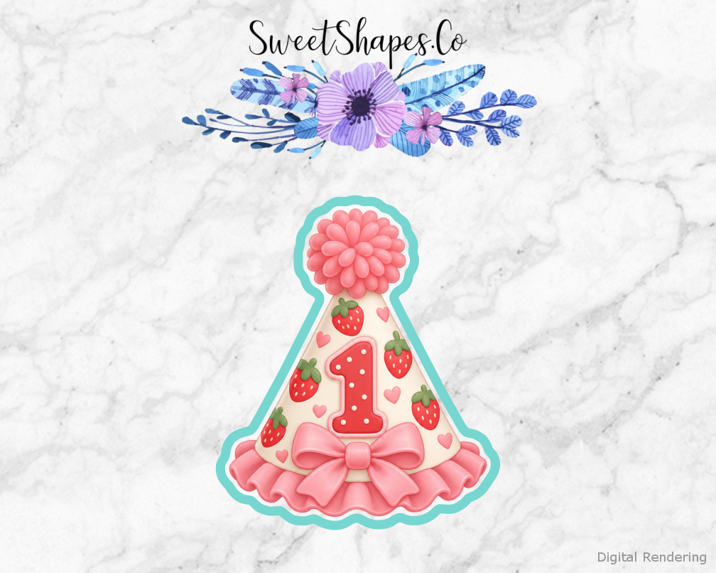 Berry Birthday Berry Party Hat cookie cutter artwork with teal cutting outline - part of the Berry Sweet First Birthday set