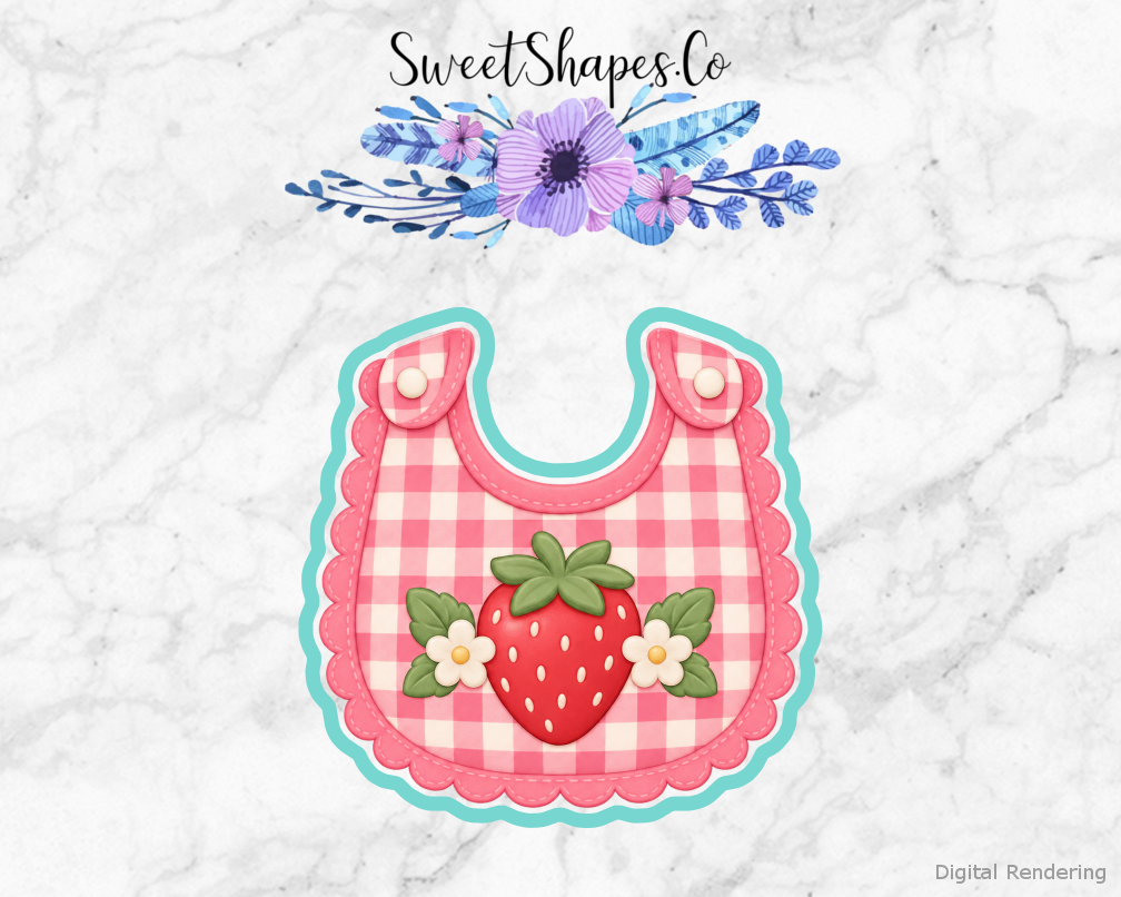 Berry Birthday Gingham Berry Bib cookie cutter artwork with teal cutting outline - part of the Berry Sweet First Birthday set