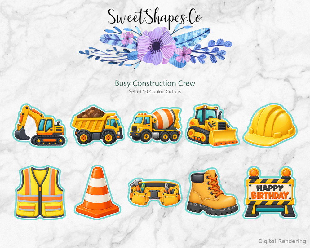 Busy Construction Crew Cookie Cutters - Set of 10 - full colour overview with cutting outlines