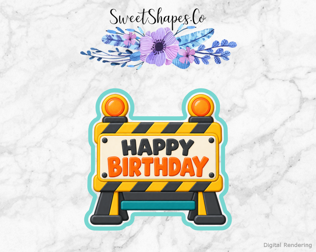 Busy Builder Construction Birthday Sign cookie cutter artwork with teal cutting outline - part of the Busy Construction Crew set