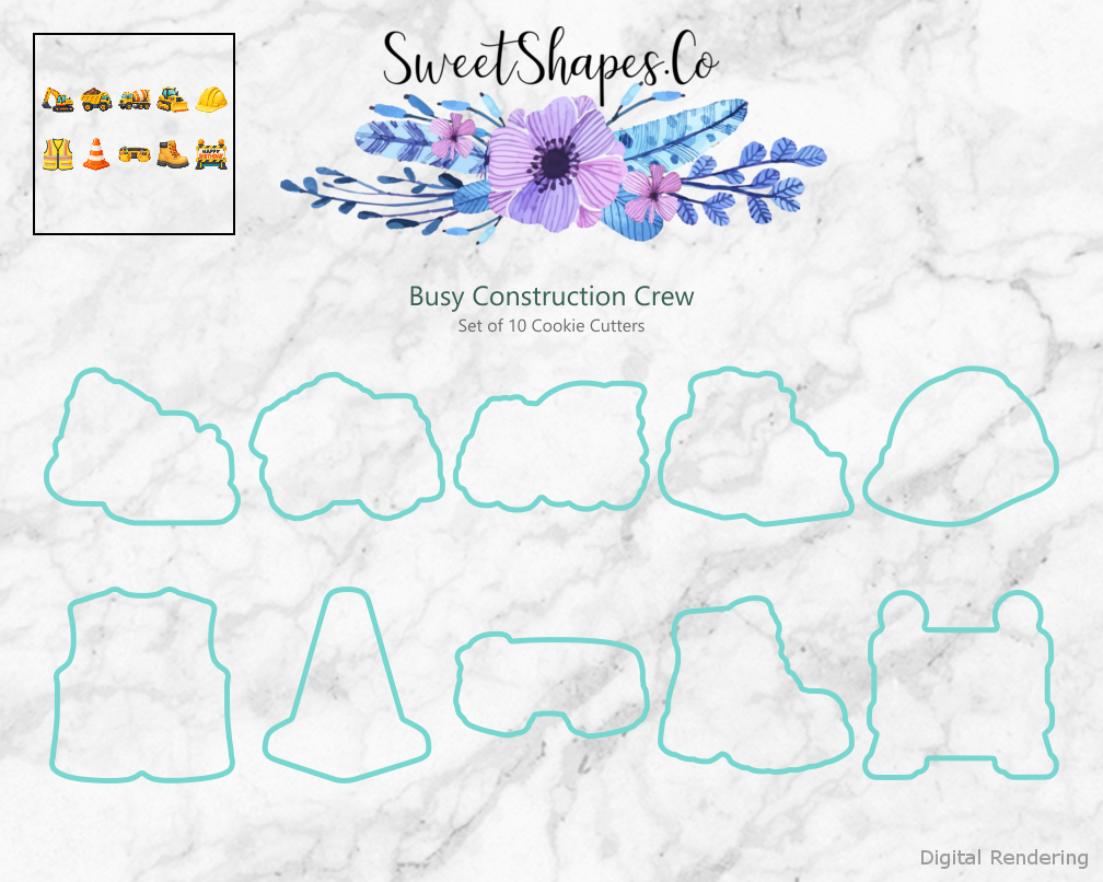 Busy Construction Crew Cookie Cutters - Set of 10 - cutting outline overview