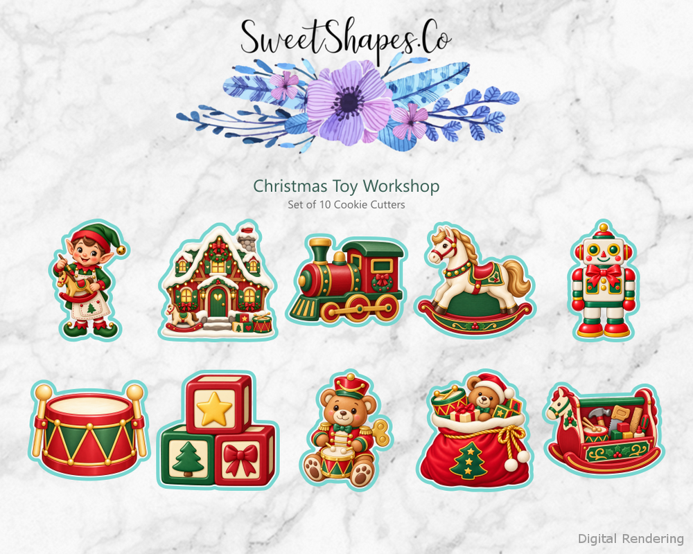 Christmas Toy Workshop Cookie Cutters - Set of 10 - full colour overview with cutting outlines