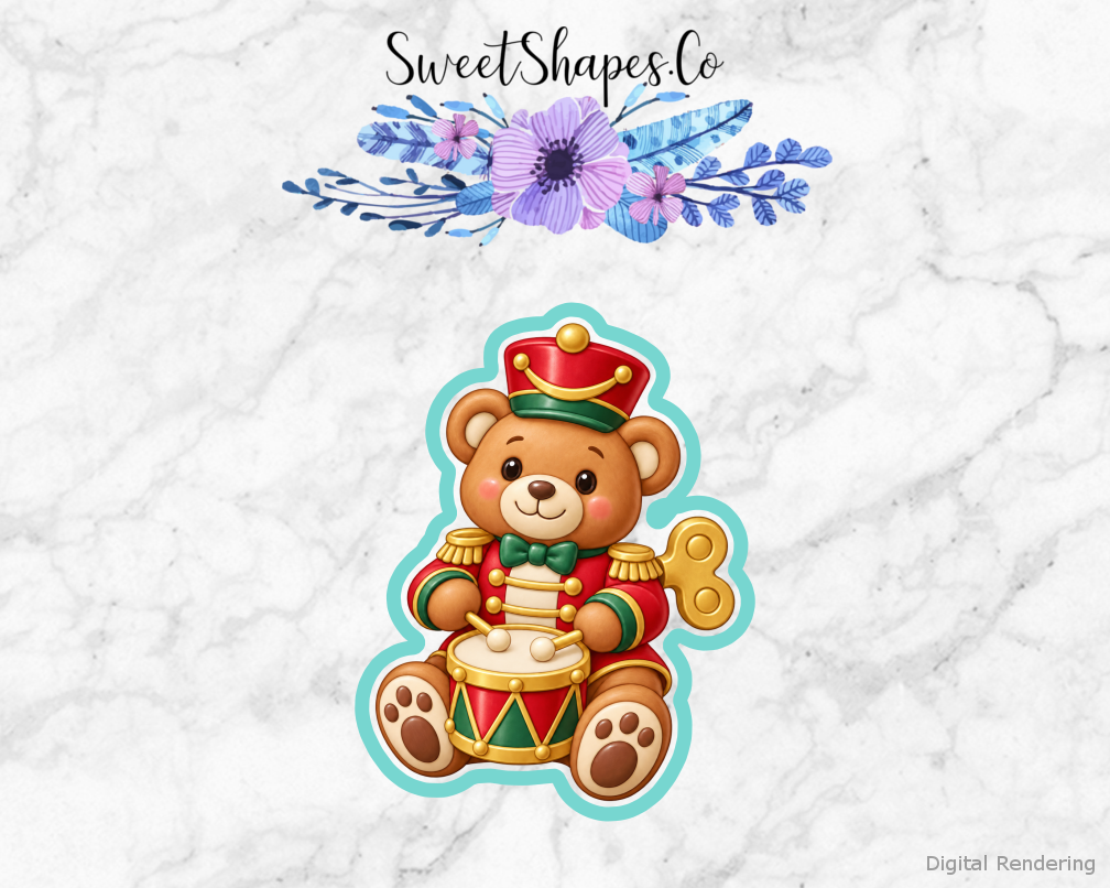 Toy Workshop Windup Teddy Bear cookie cutter artwork with teal cutting outline - part of the Christmas Toy Workshop set