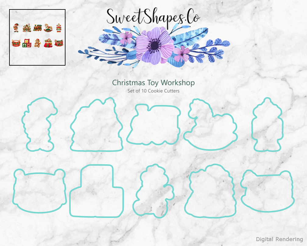 Christmas Toy Workshop Cookie Cutters - Set of 10 - cutting outline overview