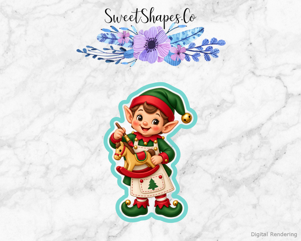 Toy Workshop Toymaker Elf with Apron cookie cutter artwork with teal cutting outline - part of the Christmas Toy Workshop set