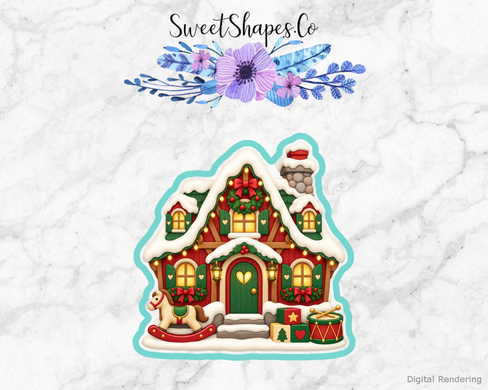 Toy Workshop Toy Workshop Cottage cookie cutter artwork with teal cutting outline - part of the Christmas Toy Workshop set