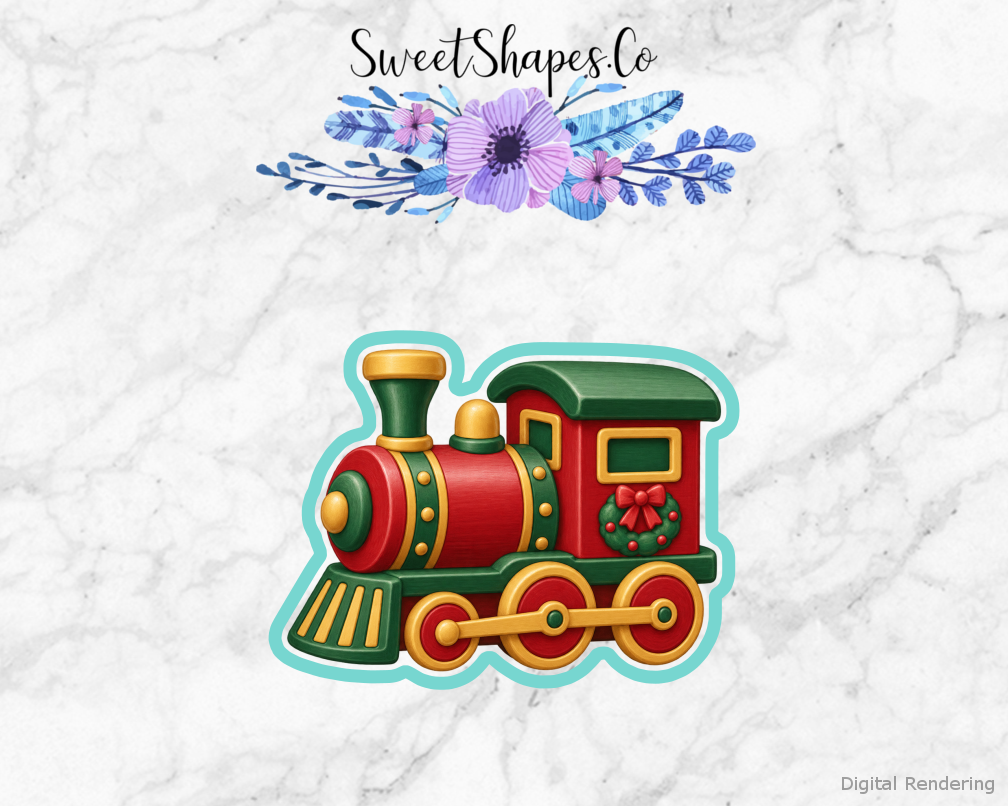 Toy Workshop Wooden Toy Train cookie cutter artwork with teal cutting outline - part of the Christmas Toy Workshop set