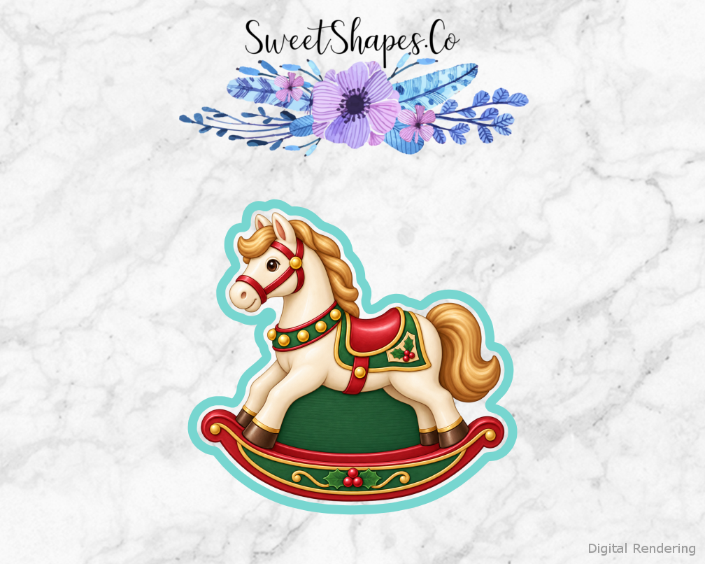 Toy Workshop Rocking Toy Horse cookie cutter artwork with teal cutting outline - part of the Christmas Toy Workshop set