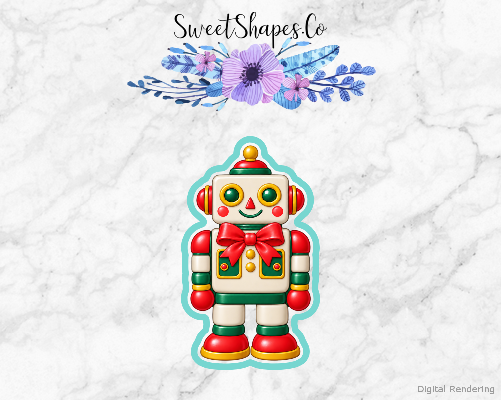 Toy Workshop Toy Robot with Bow cookie cutter artwork with teal cutting outline - part of the Christmas Toy Workshop set