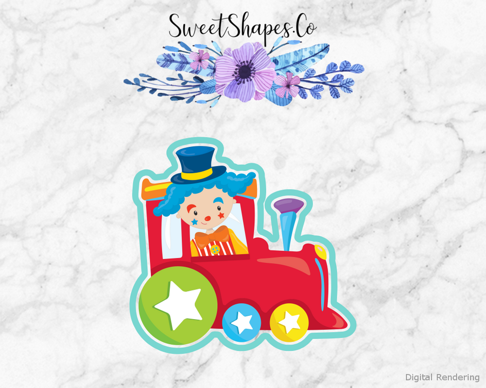 Circus Train Engine Cookie Cutter — artwork with a close-fitting teal outline