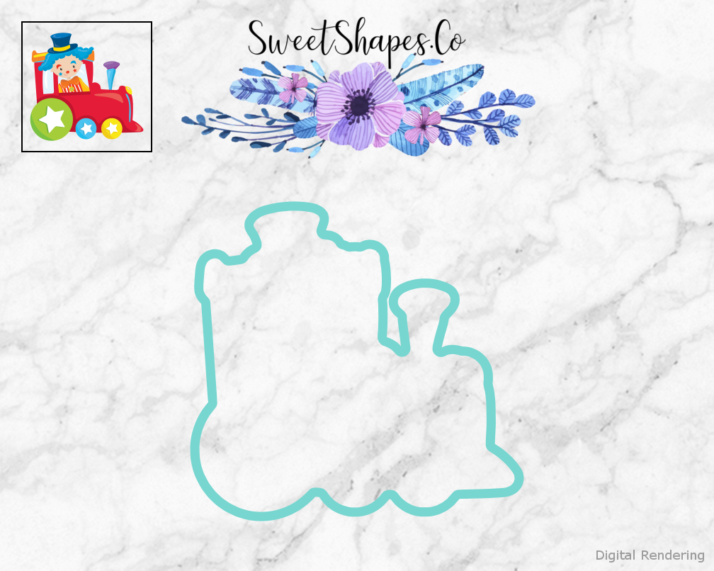 Circus Train Engine Cookie Cutter — teal outline with a small artwork preview