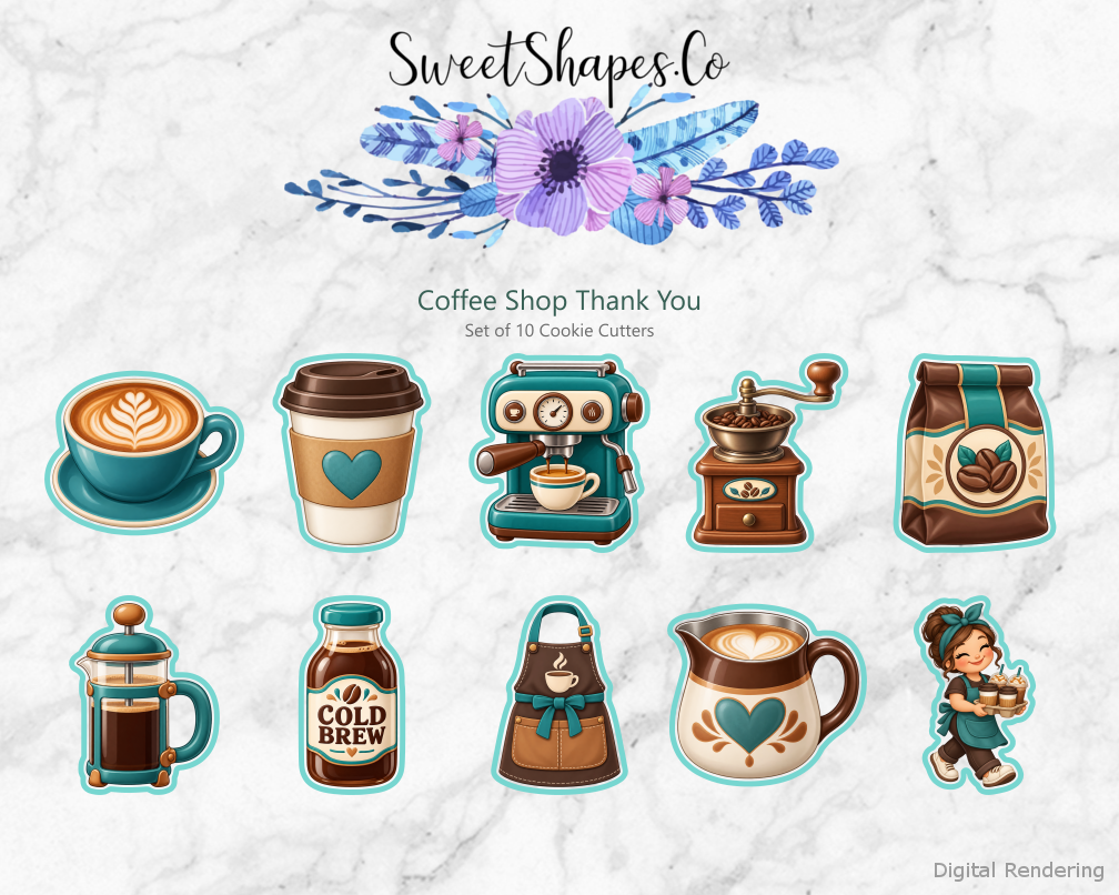 Coffee Shop Thank You Cookie Cutters - Set of 10 - full colour overview with cutting outlines