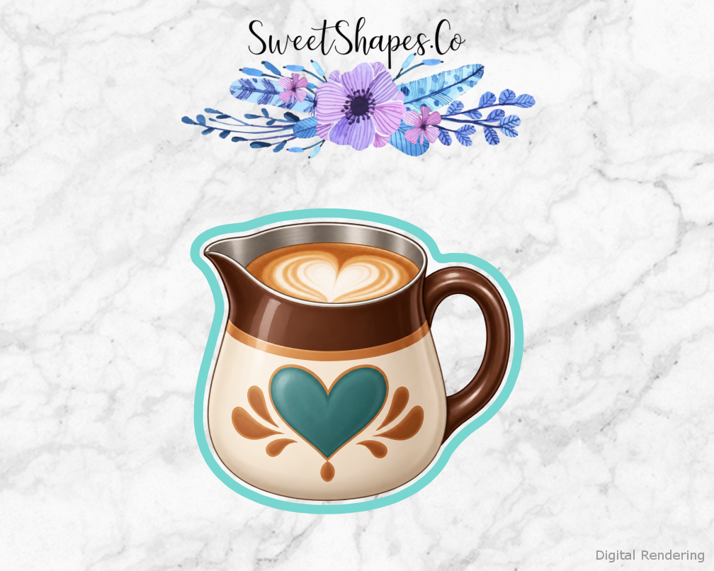 Cafe Thanks Heart Latte Pitcher cookie cutter artwork with teal cutting outline - part of the Coffee Shop Thank You set