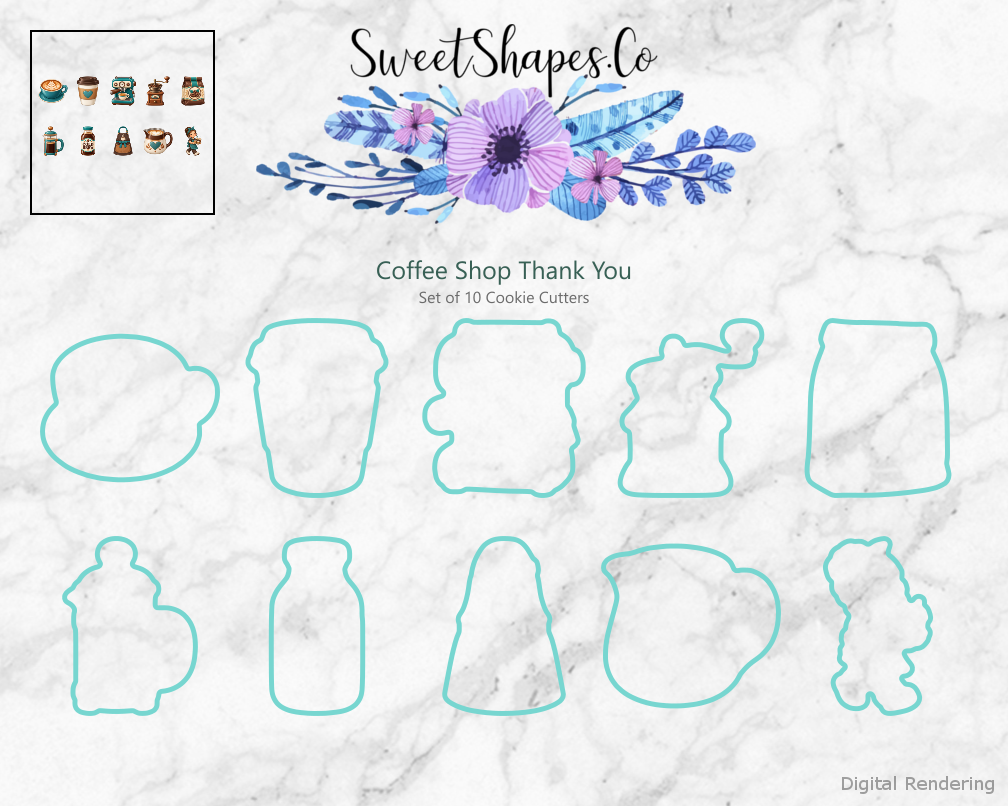 Coffee Shop Thank You Cookie Cutters - Set of 10 - cutting outline overview