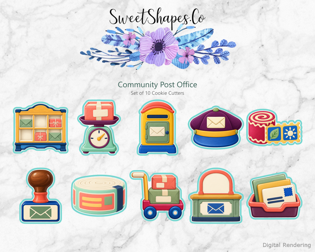 Community Post Office Cookie Cutters - Set of 10 - full colour overview with cutting outlines
