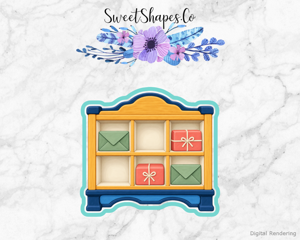 Postal Day Parcel Sorting Shelf cookie cutter artwork with teal cutting outline - part of the Community Post Office set