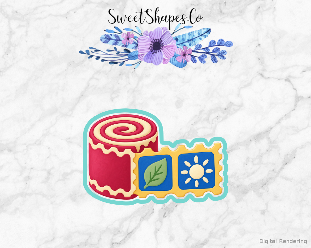 Postal Day Postage Stamp Roll cookie cutter artwork with teal cutting outline - part of the Community Post Office set