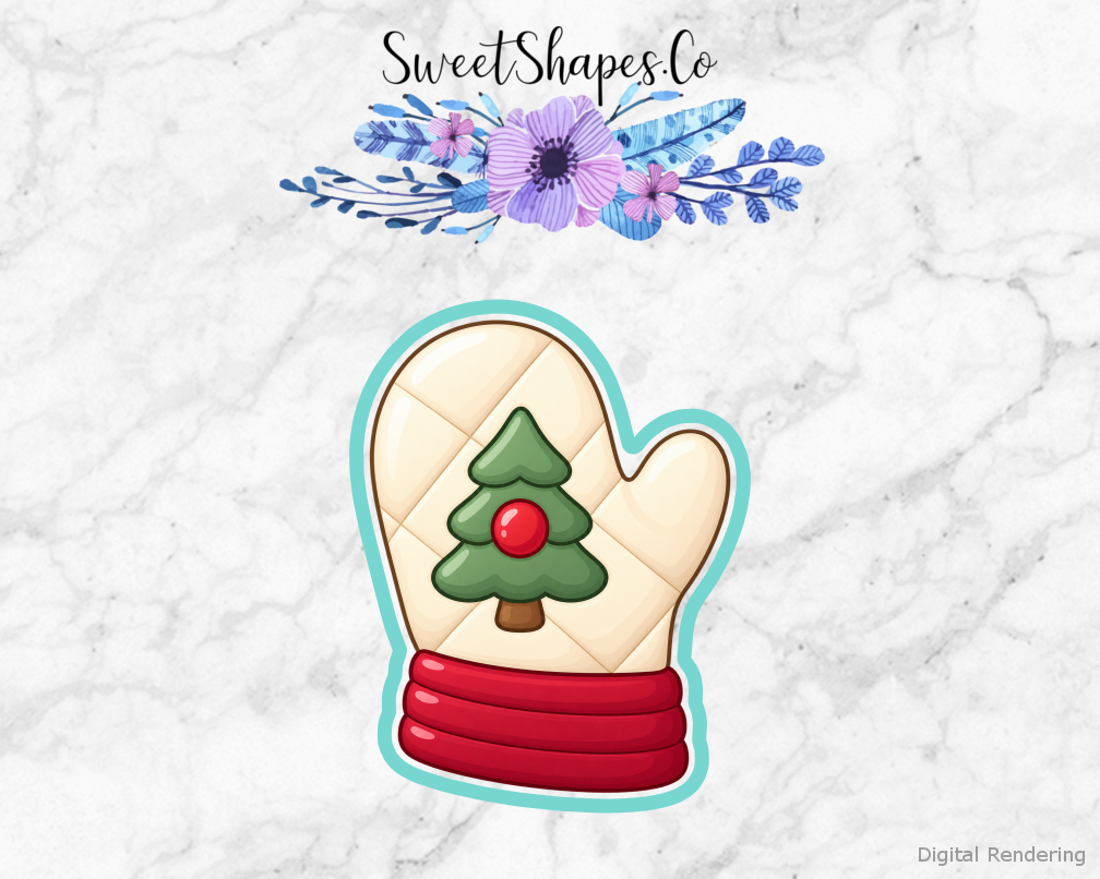 Christmas Oven Mitt cookie cutter artwork with teal cutting outline — part of the Cozy Christmas Bakery set