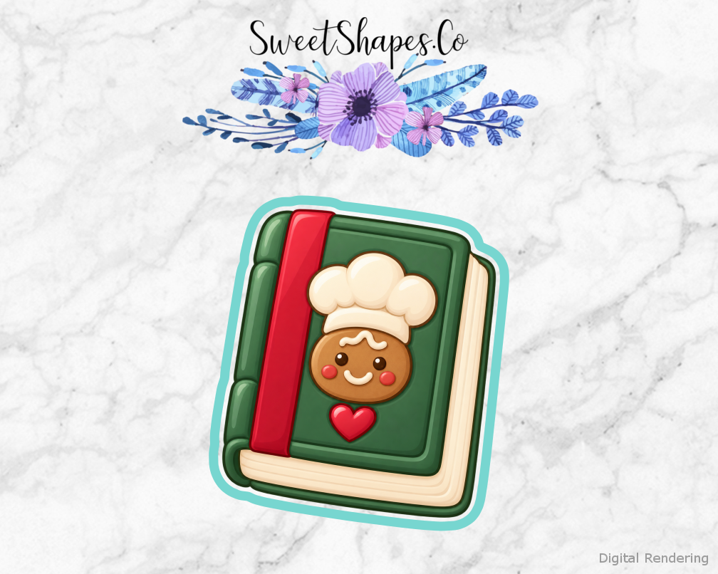 Christmas Recipe Book cookie cutter artwork with teal cutting outline — part of the Cozy Christmas Bakery set