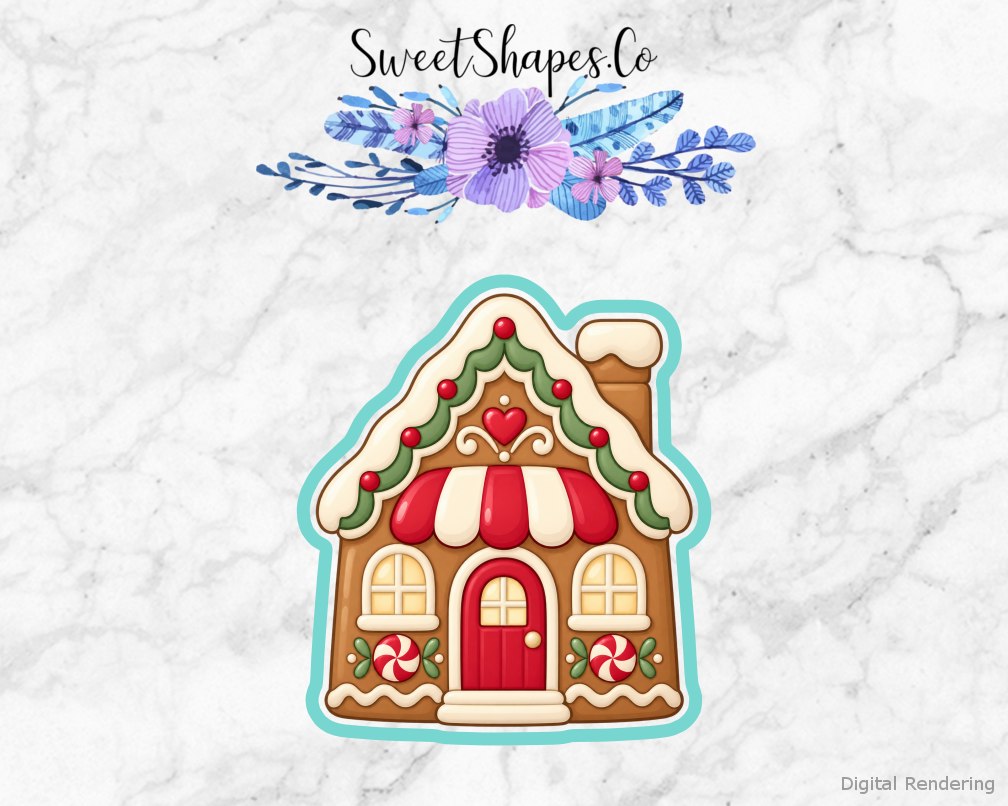 Gingerbread Bakery House cookie cutter artwork with teal cutting outline — part of the Cozy Christmas Bakery set